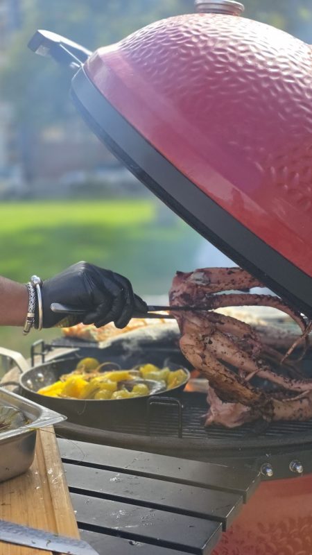 Meat and vegetables on the kamado